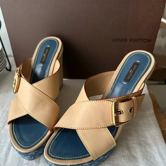 LOUIS VUITTON Denim LV Monogram Juan Les Pins Wedge Espadrille Buckle Sandals 41 - Picture 6 of 12